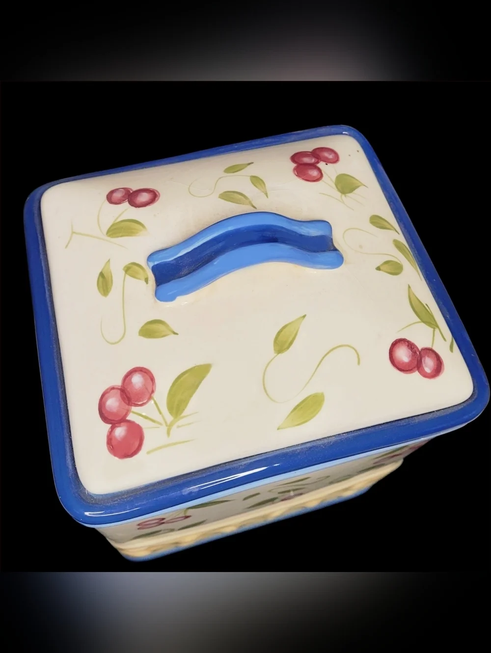 Vintage Insprado Hand Painted Ceramic Cherry Pattern Cookie Jar